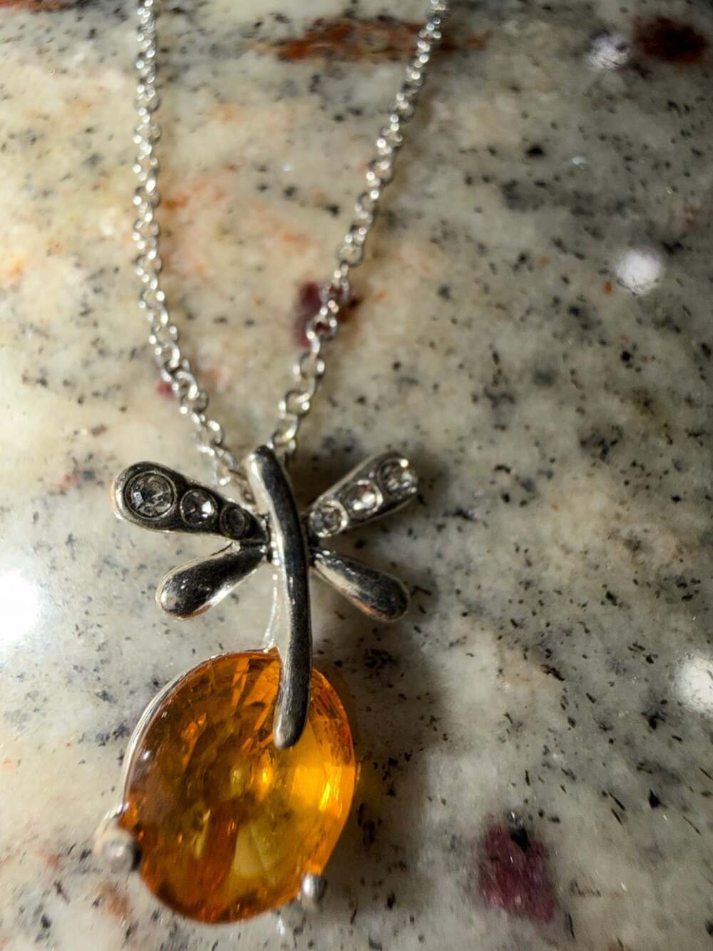Dragonfly Pendant Necklace with Amber-Colored Stone